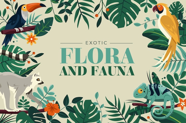 Vetor fundo de flora e fauna exóticas planas com animais selvagens e flores e plantas tropicais