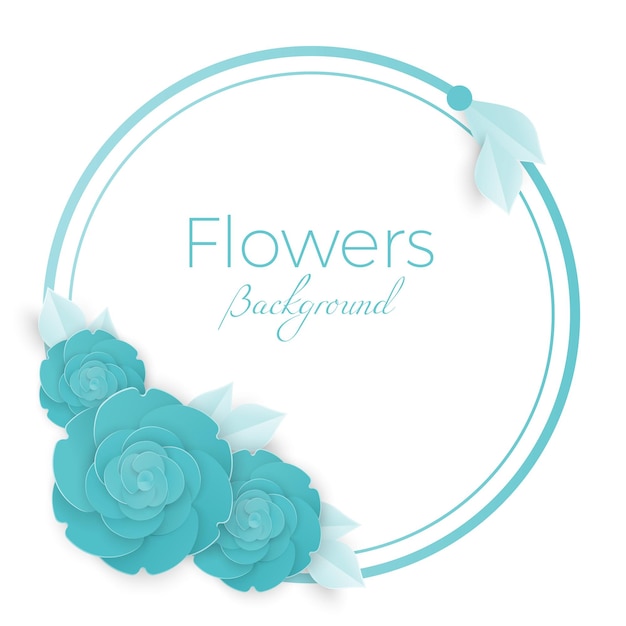 Vetor fundo de flores com rosa azul tridimensional em círculo de bolinhas azul isolado em ilustração vetorial de fundo branco, banner com convite com lugar para texto