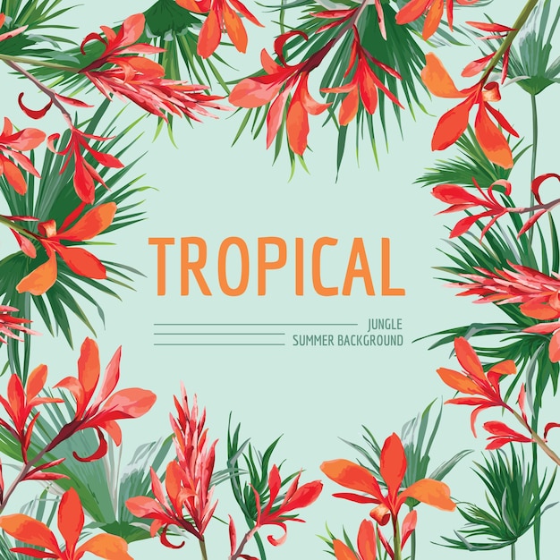 Fundo de flores tropicais e folhas de palmeira. design gráfico de verão