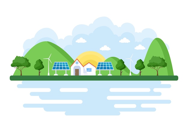 Fundo de fornecimento de energia ecológica sustentável Ilustração em vetor plana Edifícios de estação de usina com painéis solares, gás, energia geotérmica, renovável, água e turbinas eólicas