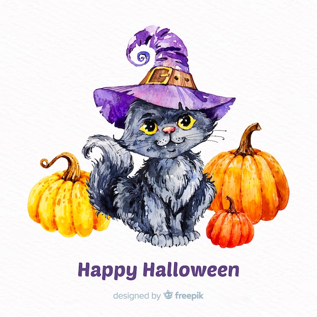 Fundo de gato fofo de halloween em aquarela