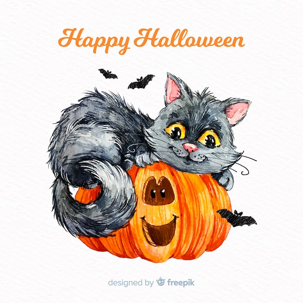 Fundo de gato fofo de halloween em aquarela