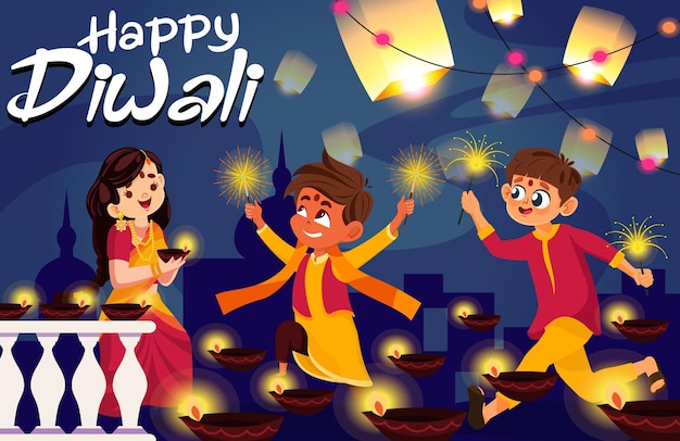 Vetor fundo de gradiente vetorial para a celebração do festival de diwali segurando lâmpada de óleo e faísca
