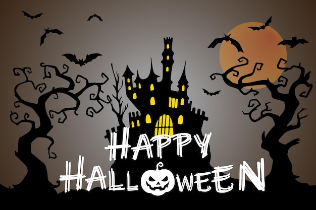 Fundo de halloween, banner, casa assombrada, árvore, abóbora e morcegos.