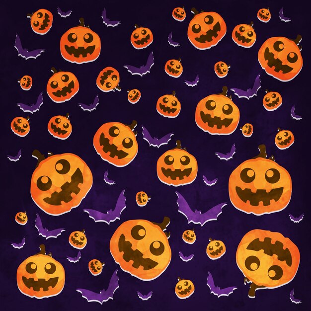 Fundo de Halloween com abóboras e morcegos