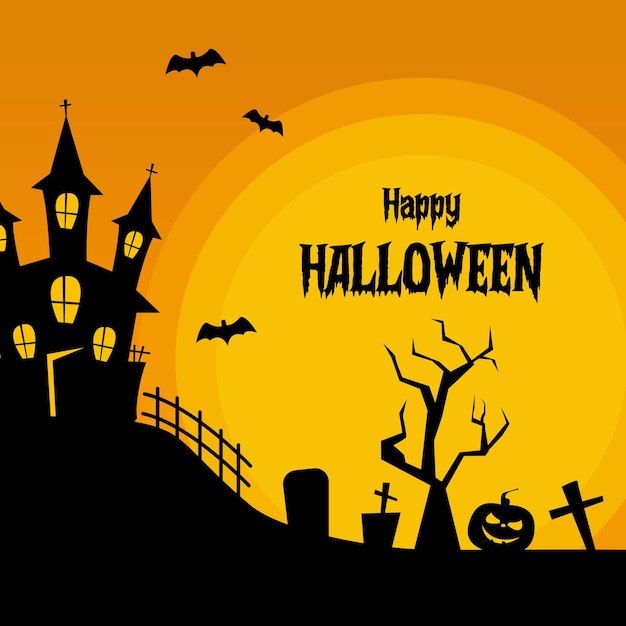 fundo de Halloween com casa assombrada abóboras morcego e árvore da morte