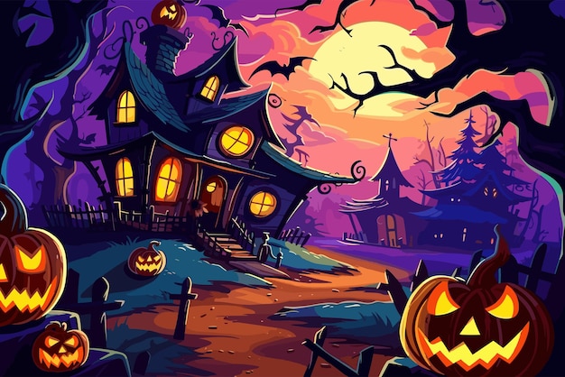 Fundo de halloween com casa assombrada castelo escuro lua cheia abóboras e árvores