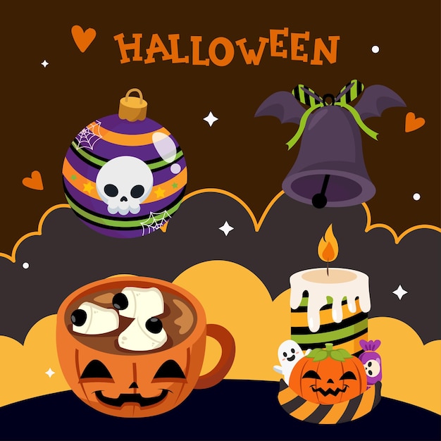 Fundo de Halloween com doces de abóbora e ilustração em vetor de doces