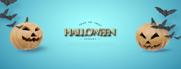 Fundo de halloween com duas abóboras e morcegos 3d