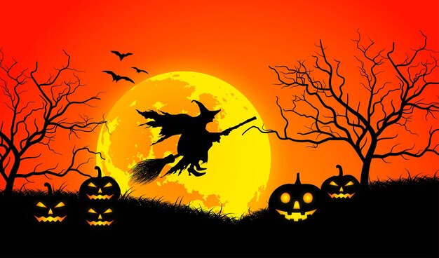 Fundo de Halloween com ilustração de lua cheia, bruxa, abóbora e morcegos