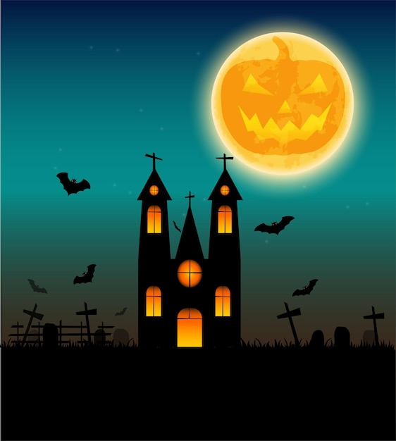 Fundo de Halloween com morcego voador e a lua cheia Ilustração vetorial Feliz cartaz de Halloween