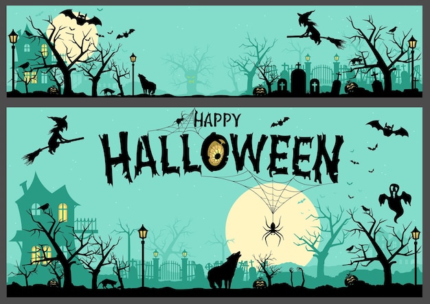 Fundo de Halloween e banner com silhuetas negras na cor turquesa