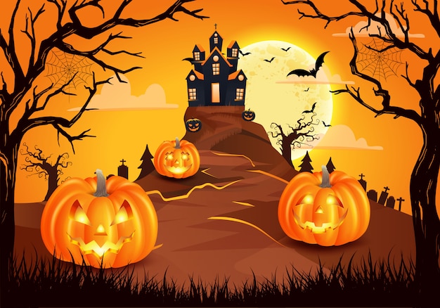 Fundo de halloween feliz com abóboras assustadoras com castelo assustador, morcegos voando e lua cheia. ilustração para cartão, folheto, banner e cartaz de feliz dia das bruxas