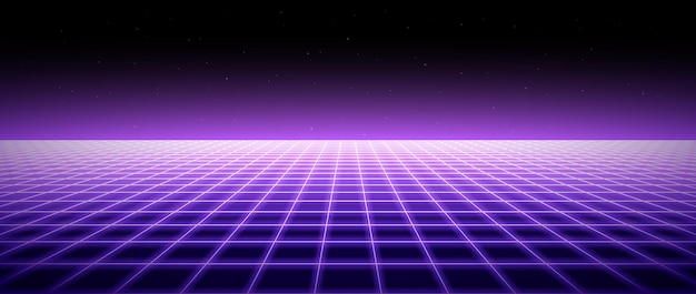 Fundo de horizonte de wireframe de néon Piso de sala de grade roxo claro em perspectiva Glow violeta retro