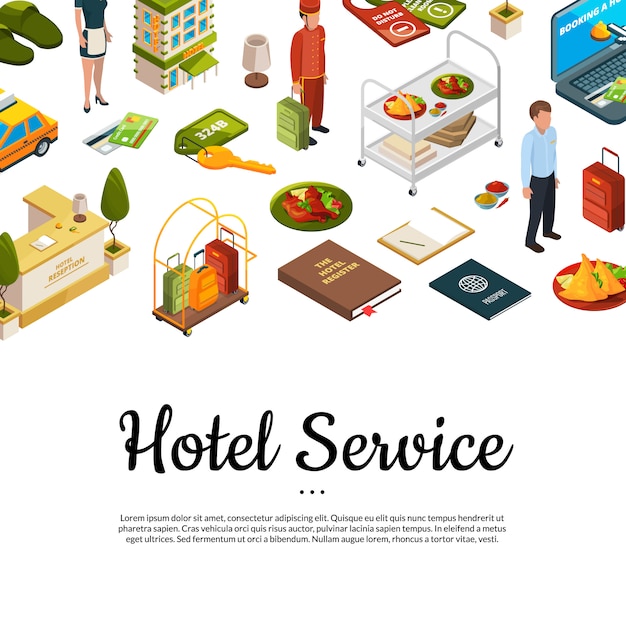 fundo de ícones isométricos hotel com lugar para texto