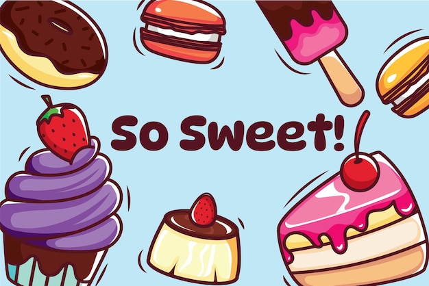 Fundo de ilustração de comida doce com bolo pudim macaron sorvete cupcake e rosquinha