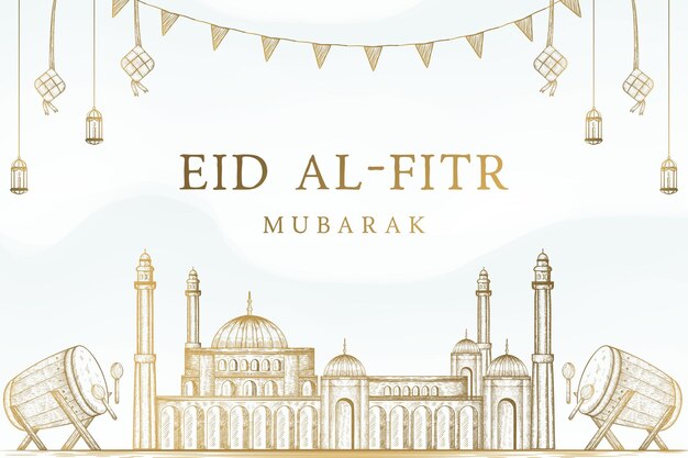 Fundo de ilustração de eid al fitr mubarak desenhado à mão