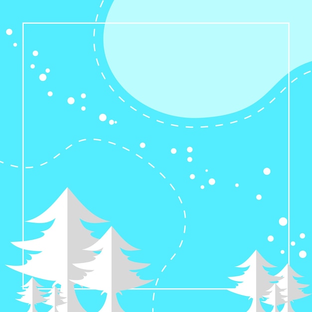 Vetor fundo de inverno com moldura, árvores e flocos de neve. estilo simples, plano e moderno