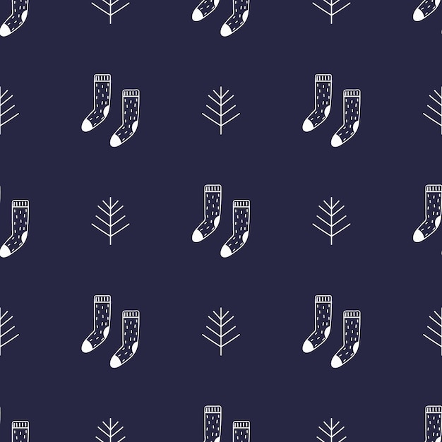 Fundo de inverno doodle meias e árvores de natal padrão sem emenda de vetor