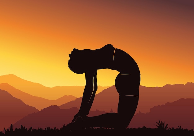Fundo de ioga jovem praticando ioga na ilustração vetorial de silhueta de montanha