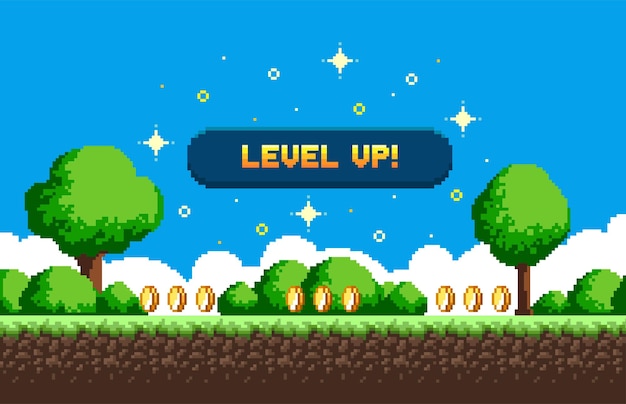 Fundo de jogo de pixel art com nível de botão para cima conceito de design de jogo em estilo retrô ilustração vetorial pixel de tela de jogo