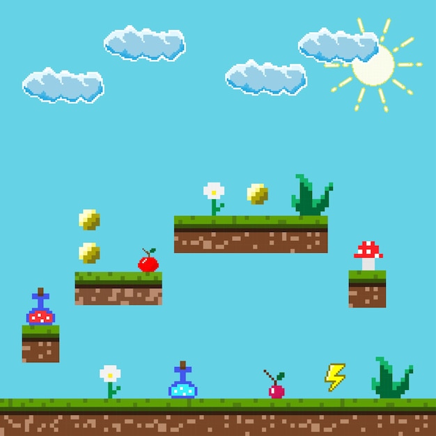 Vetor fundo de jogo de pixel com chão, grama, céu e adereços