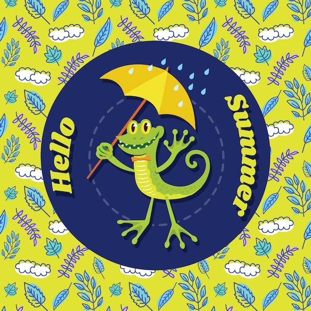 Fundo de lagarto bonito dos desenhos animados de verão com doodle padrão