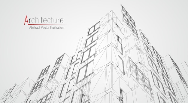 Fundo de linha de arquitetura. Resumo de vetor de esboço de construção civil. Projeto 3d da cidade moderna. Grade geométrica de tecnologia. Casa de planta de arame. Wireframe de inovação do arquiteto digital.