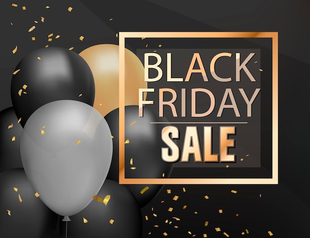 Fundo de loja de venda de sexta-feira negra com bando de brilho de balão de hélio e confete dourado, cartaz de venda, modelo de banner de desconto preto realista.