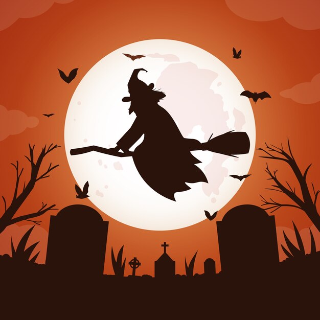 Fundo de lua cheia de Halloween com bruxa voando sobre o cemitério