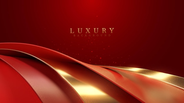Vetor fundo de luxo vermelho com elementos de curva dourada 3d realistas e decoração de efeito de luz brilhante