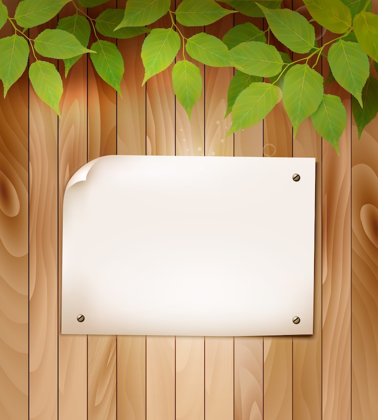 Vetor fundo de madeira natural com folhas e um pedaço de papel em branco.