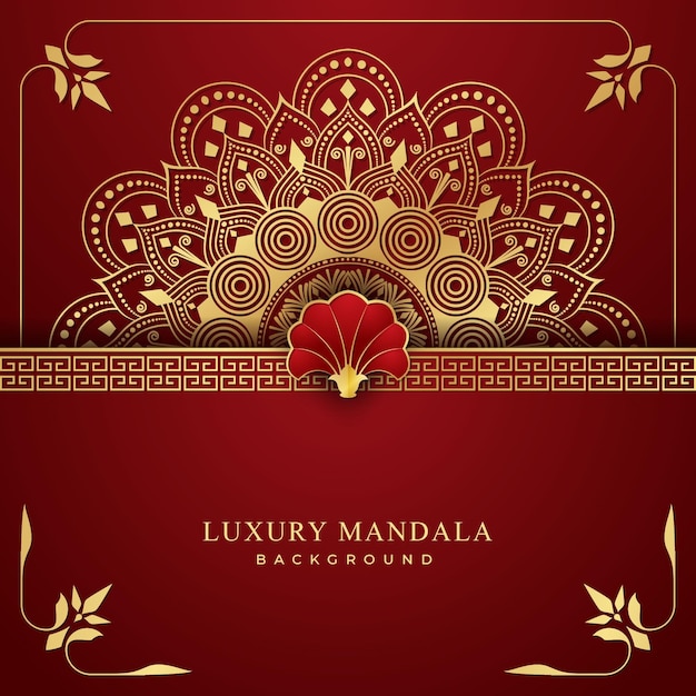 Vetor fundo de mandala de luxo com padrão de arabescos de combinação de dourado e vermelho