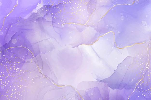 Vetor fundo de mármore aquarela líquido de lavanda violeta com linhas douradas