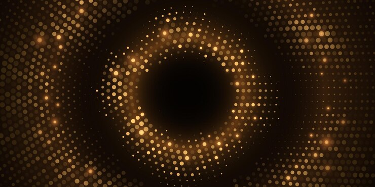 Fundo de meio-tom brilhante dourado Círculo de pontos brilhantes luxuosos Moldura redonda abstrata para design gráfico Banner elegante elegante Ilustração vetorial