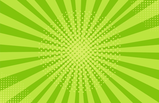 Fundo de meio-tom da pop art. Padrão de explosão estelar em quadrinhos. Efeito sunburst retrô dos desenhos animados. Bandeira verde