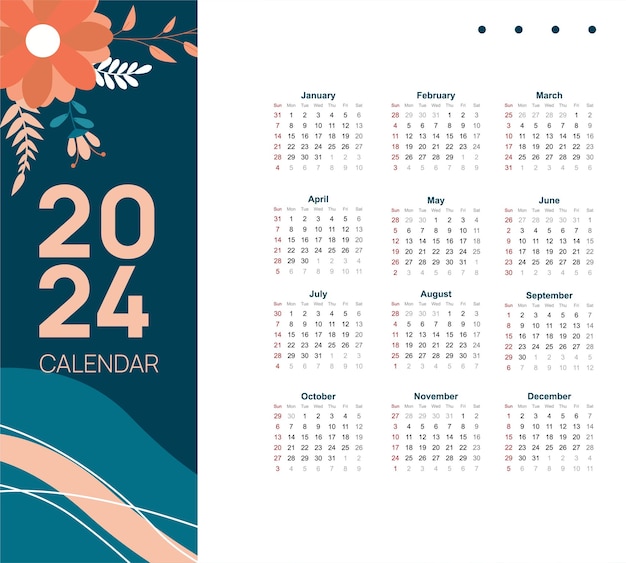 Vetor fundo de modelo de calendário anual 2024 com decoração de flores