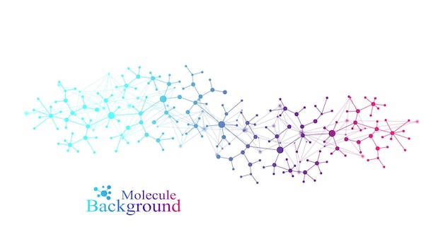 Fundo de moléculas coloridas. Hélice de DNA, fita de DNA, Teste de DNA. Molécula ou átomo, neurônios. Estrutura abstrata para ciência ou formação médica, banner. Ilustração vetorial molecular científica
