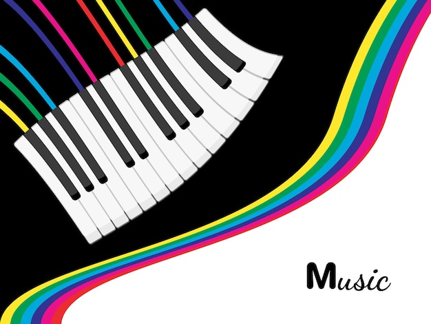 Fundo de música de piano com ilustração vetorial de banner de música de linhas coloridas de arco-íris