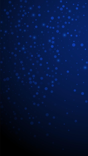 Fundo de Natal aleatório de estrelas mágicas. Flocos de neve voadores sutis e estrelas em fundo azul escuro. Divertido modelo de sobreposição de floco de neve de inverno prata. Ilustração vertical simpática.