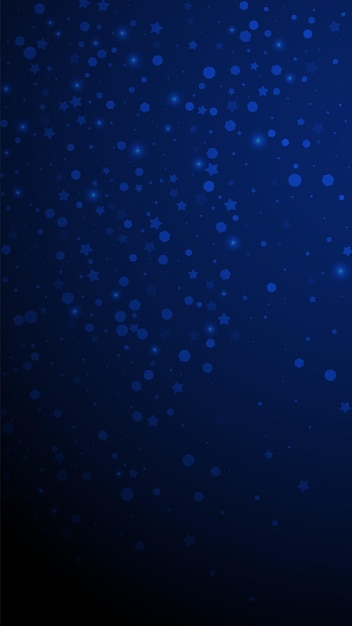 Fundo de natal aleatório de estrelas mágicas. flocos de neve voadores sutis e estrelas em fundo azul escuro. divertido modelo de sobreposição de floco de neve de inverno prata. ilustração vertical simpática.