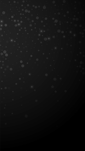 Fundo de natal aleatório de estrelas mágicas. flocos de neve voando sutis e estrelas em fundo preto. modelo de sobreposição de floco de neve de prata incrível de inverno. ilustração vertical emocional.