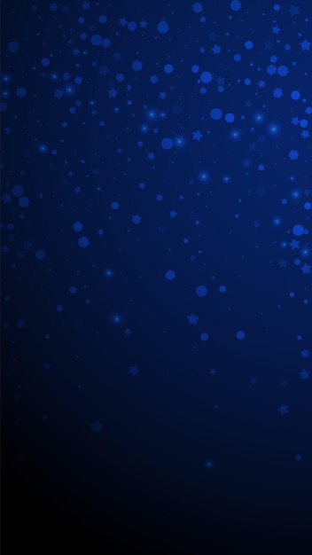 Fundo de Natal aleatório de estrelas mágicas. Flocos de neve voando sutis e estrelas sobre fundo azul escuro. Modelo de sobreposição de floco de neve de prata incrível de inverno. Ilustração vertical encantadora.