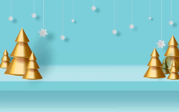 Fundo de natal azul com borda feita de árvore de ouro e neve. papel de arte e artesanato cartão digital de saudação de natal de suspensão. sala de mesa de estúdio com vista horizontal, produto com férias de exibição de espaço de cópia