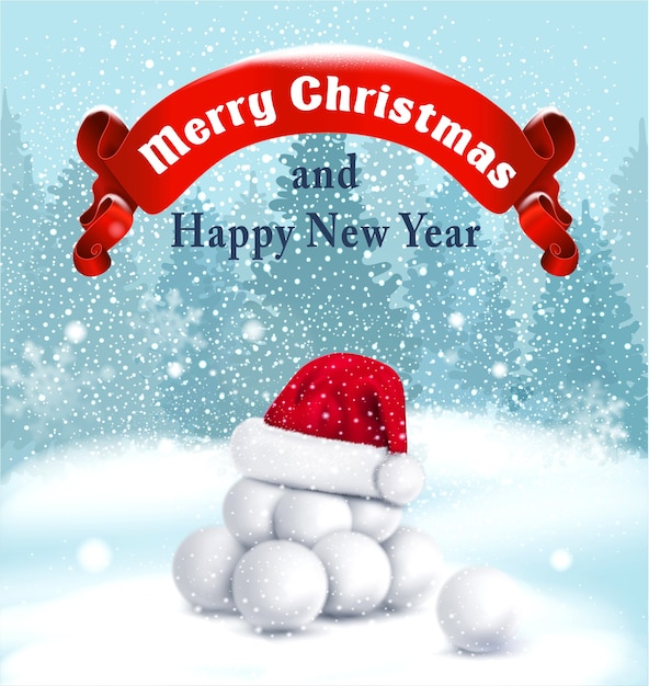Fundo de Natal com bolas de neve, fita vermelha e chapéu vermelho de Papai Noel