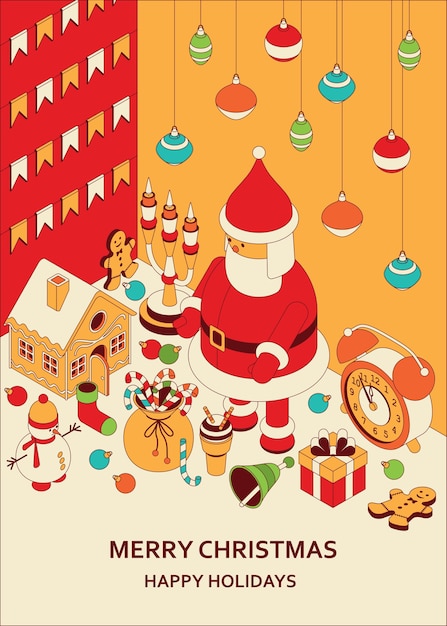 Fundo de natal com brinquedos fofos isométricos. casa de papai noel engraçado e pão de mel