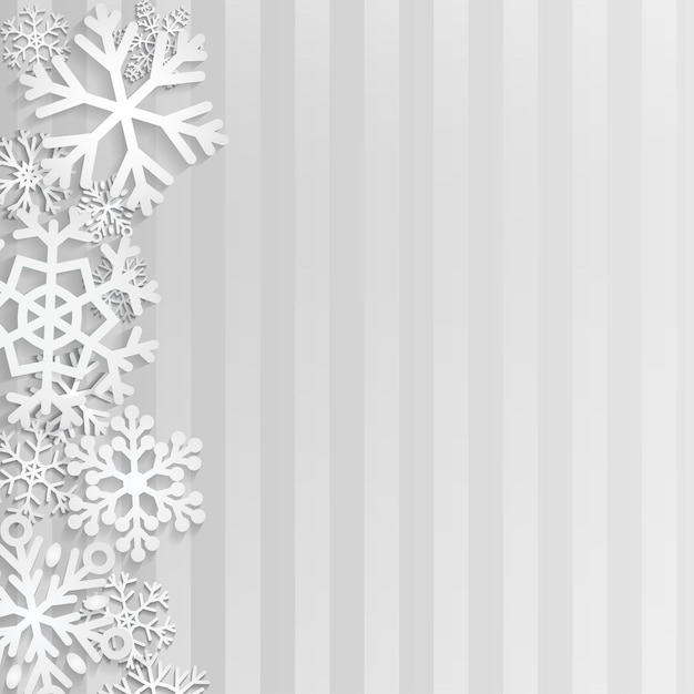 Fundo de natal com flocos de neve brancos em fundo cinza listrado