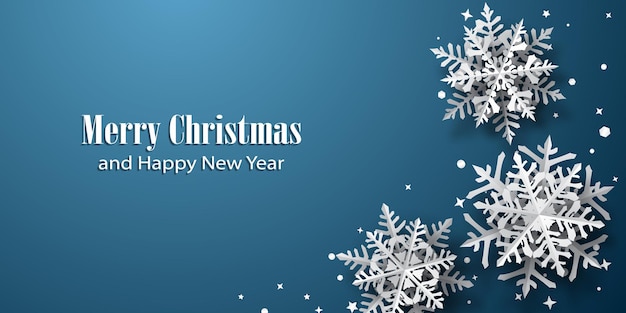 Fundo de Natal com flocos de neve de papel com sombras suaves, branco sobre fundo azul