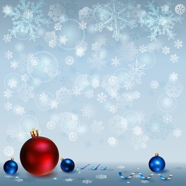 Fundo de Natal com flocos de neve e várias bolas de Natal