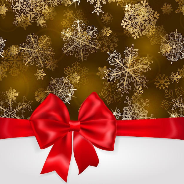Fundo de natal com flocos de neve em cores douradas e grande laço vermelho com fitas horizontais